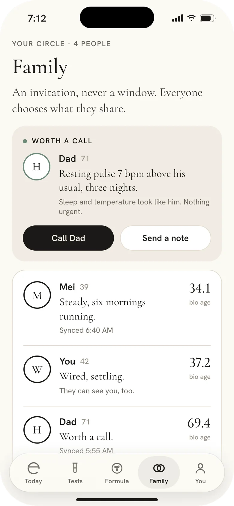 Mere app, Family: Dad’s resting pulse has run high three nights, so the app suggests a call.