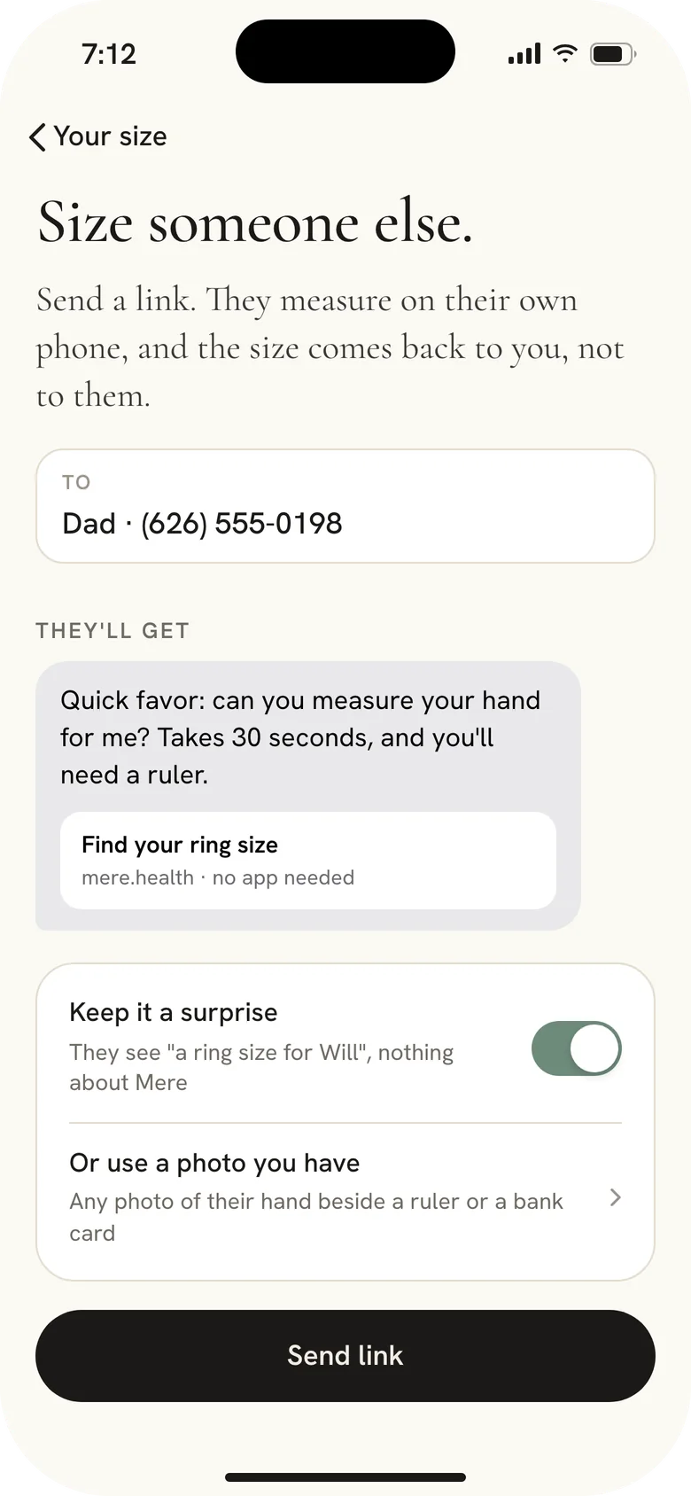 Mere app, Size someone else: a link that measures a ring size on their phone.