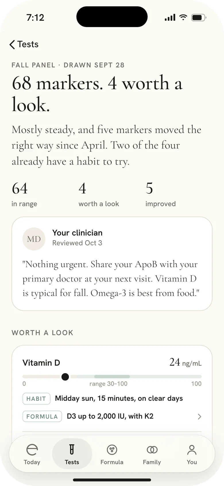 Mere app, Blood panel: 68 markers, 4 worth a look, each with a habit to try before any supplement.