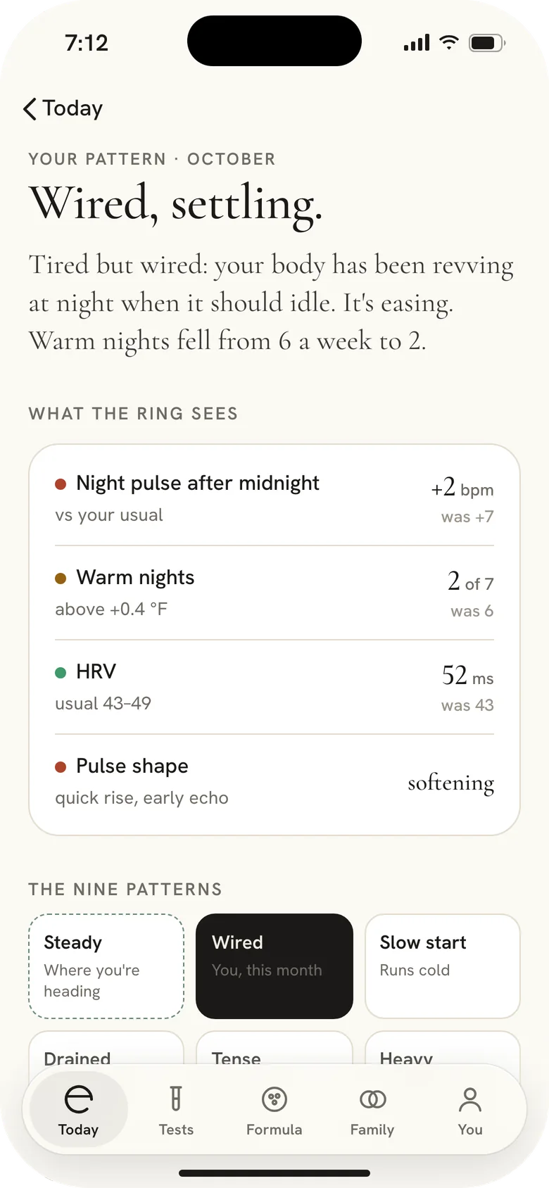 Mere app, Your pattern: Wired, settling. Night pulse, warm nights, HRV and pulse shape against your usual.