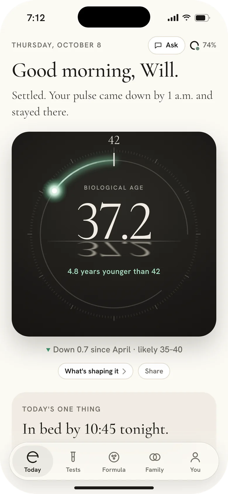 Mere app, Today: biological age 37.2, 4.8 years younger than a calendar age of 42.