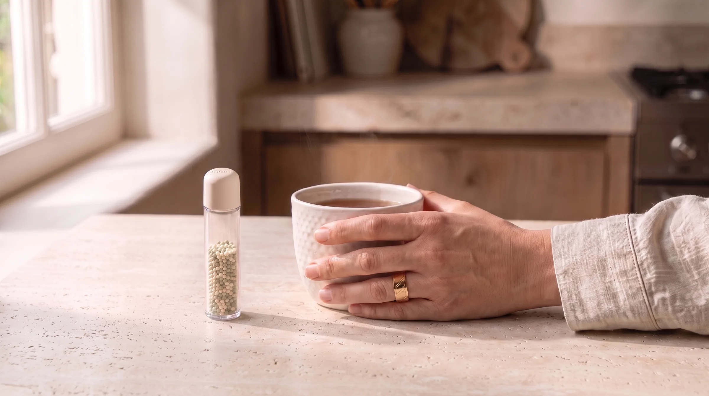 A hand wearing the ring holds a cup of tea beside a Day pod