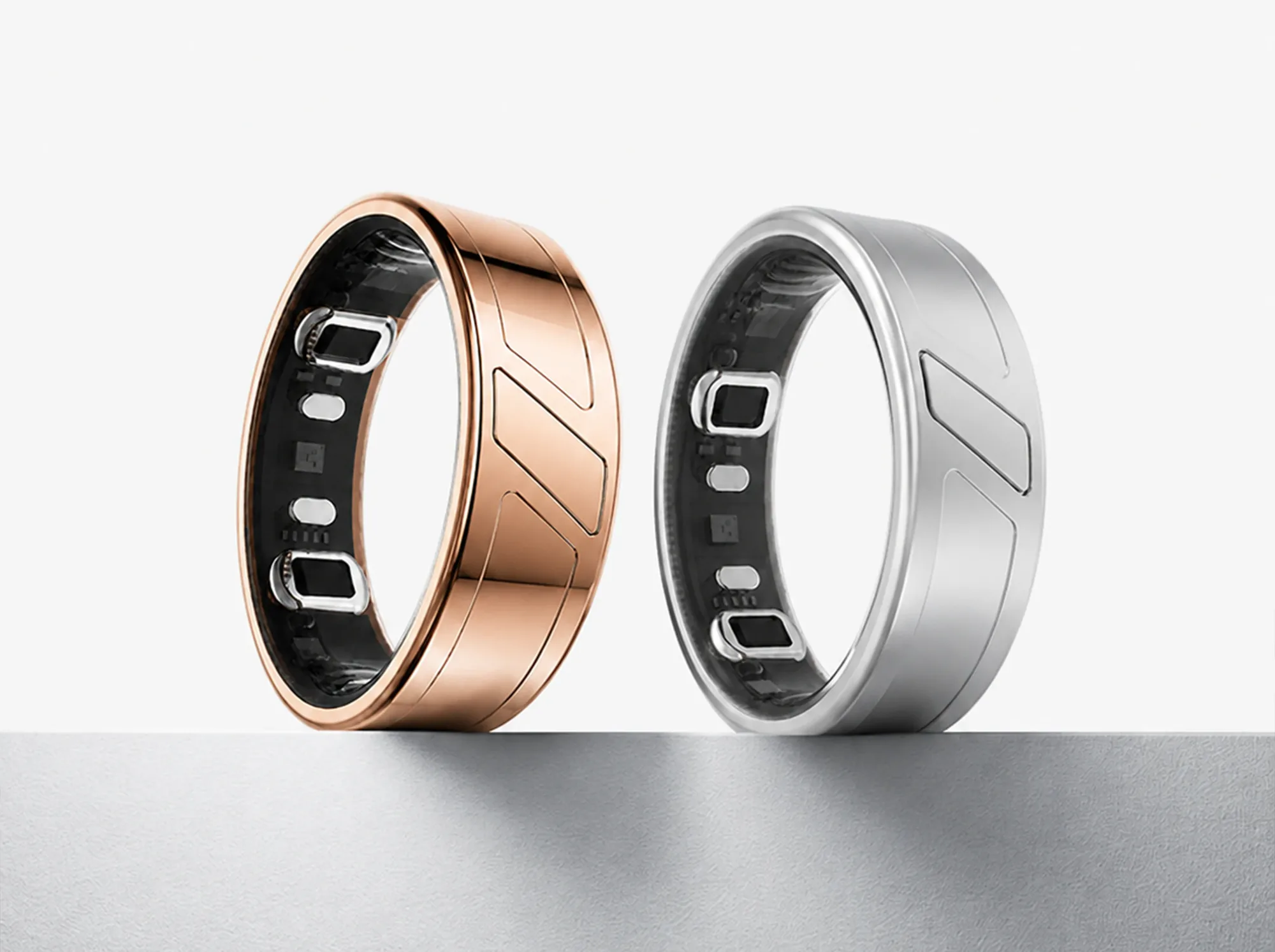 Two Mere Rings side by side, rose gold-tone and silver-tone