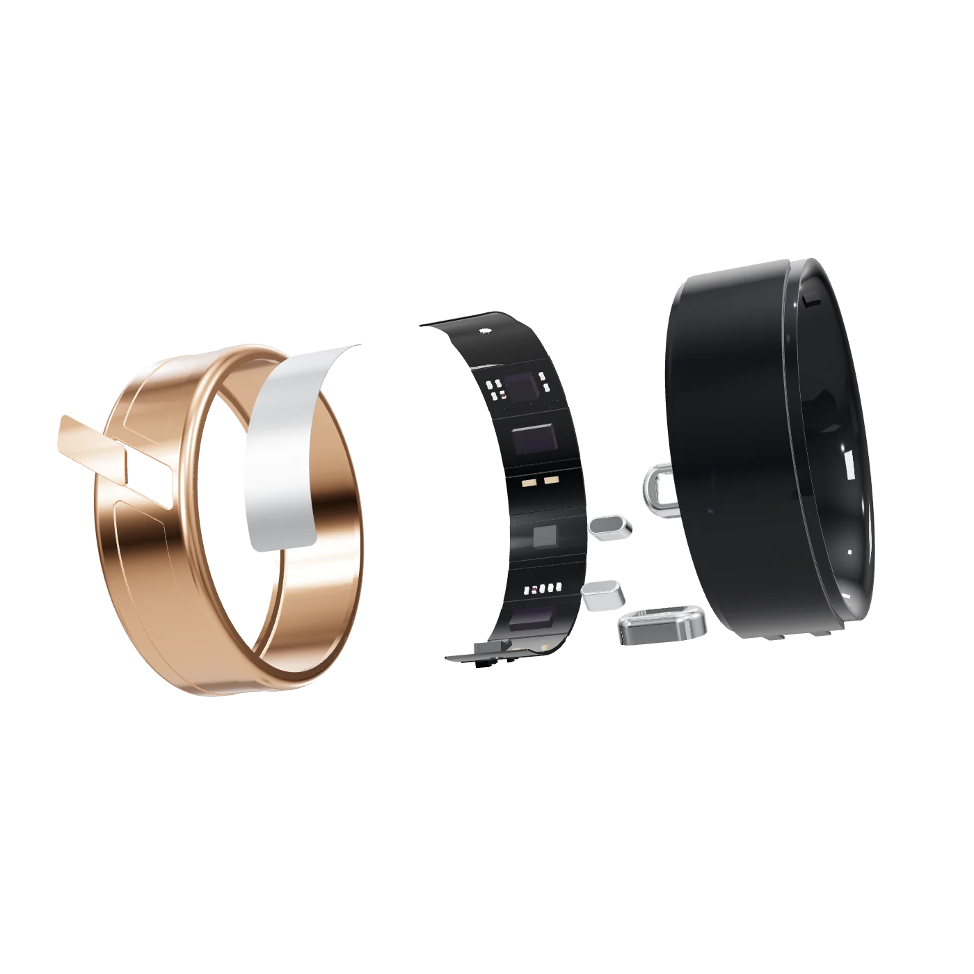 The Mere ring opened into its parts: titanium alloy shell, ECG sensor, curved battery, sensor board, magnetic charging contacts, optical sensors and inner liner