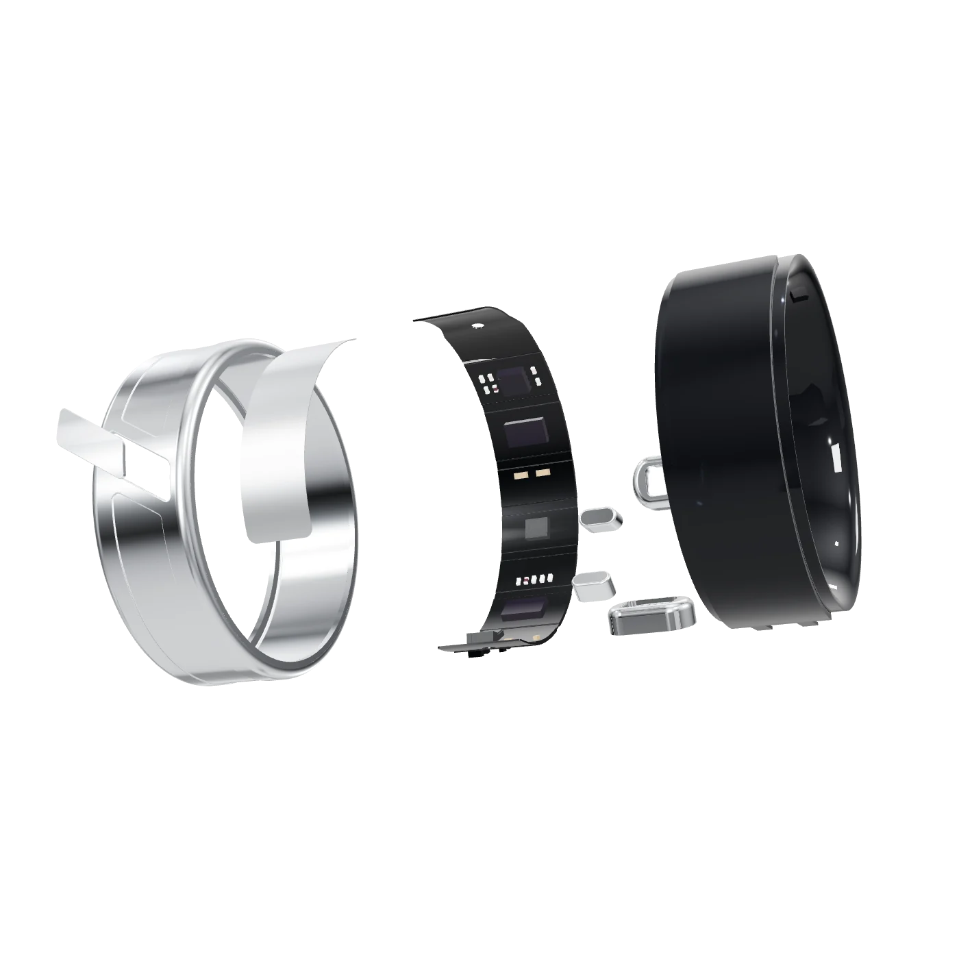 The Mere Ring opened into its parts: titanium alloy shell, ECG sensor, curved battery, sensor board, magnetic charging contacts, optical sensors and inner liner